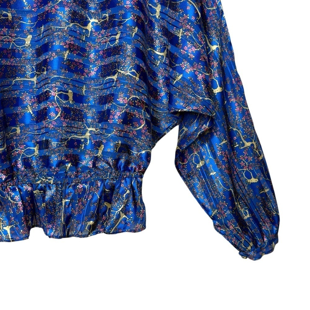 Free People Blue Floral Metallic Boho Festival Top Dolman Sleeved Blouse Sz M - Picture 11 of 13